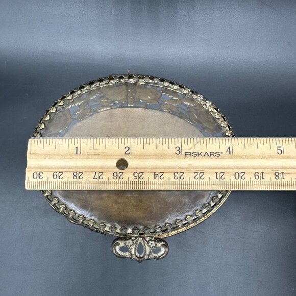 Vintage Jewelry Casket Box Floral Gold Tone Metal Glass Rose Flower Trinket Dish - Picture 9 of 10